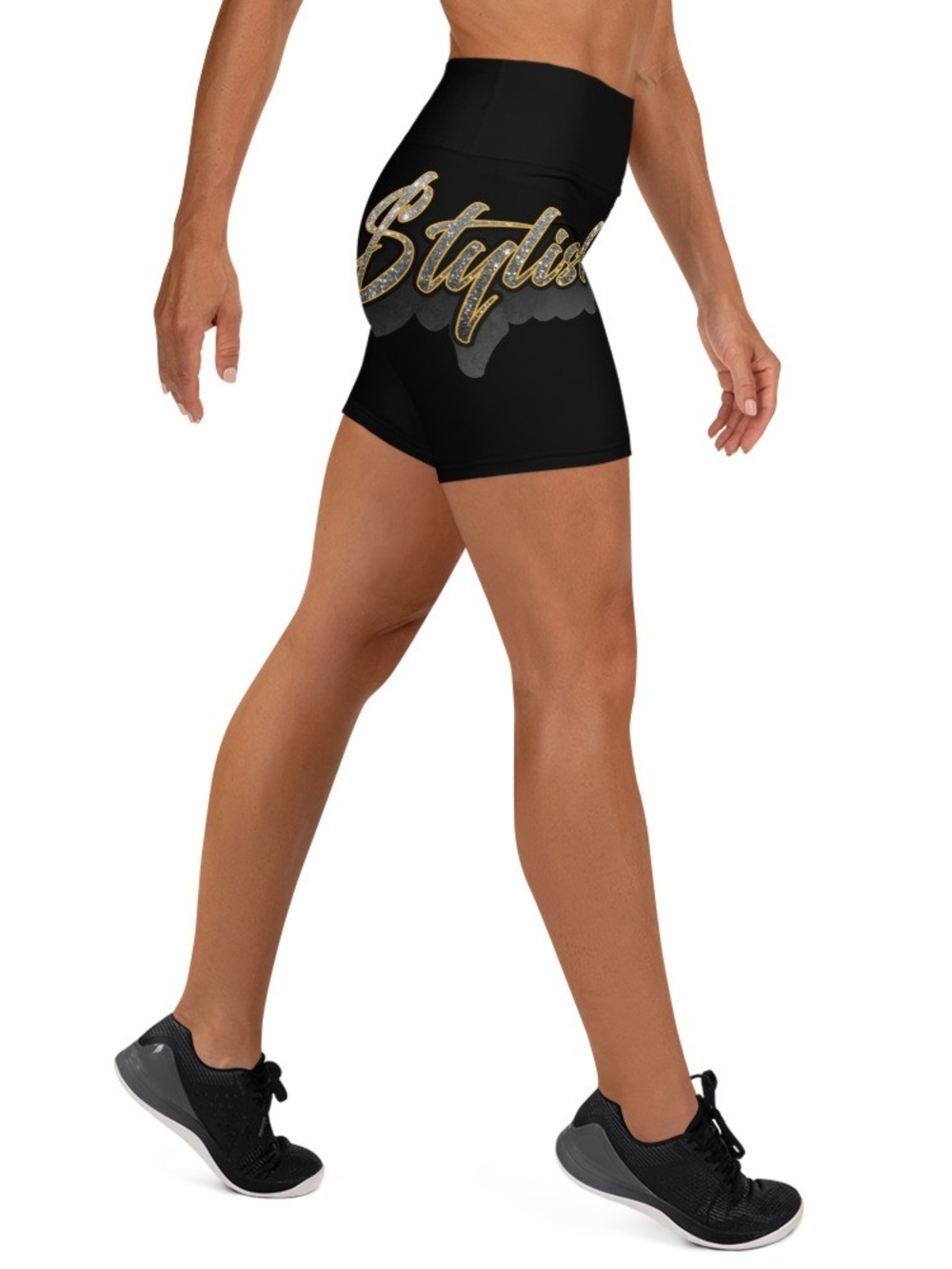 High-Waist Black Bike Shorts with Gold Script Accent